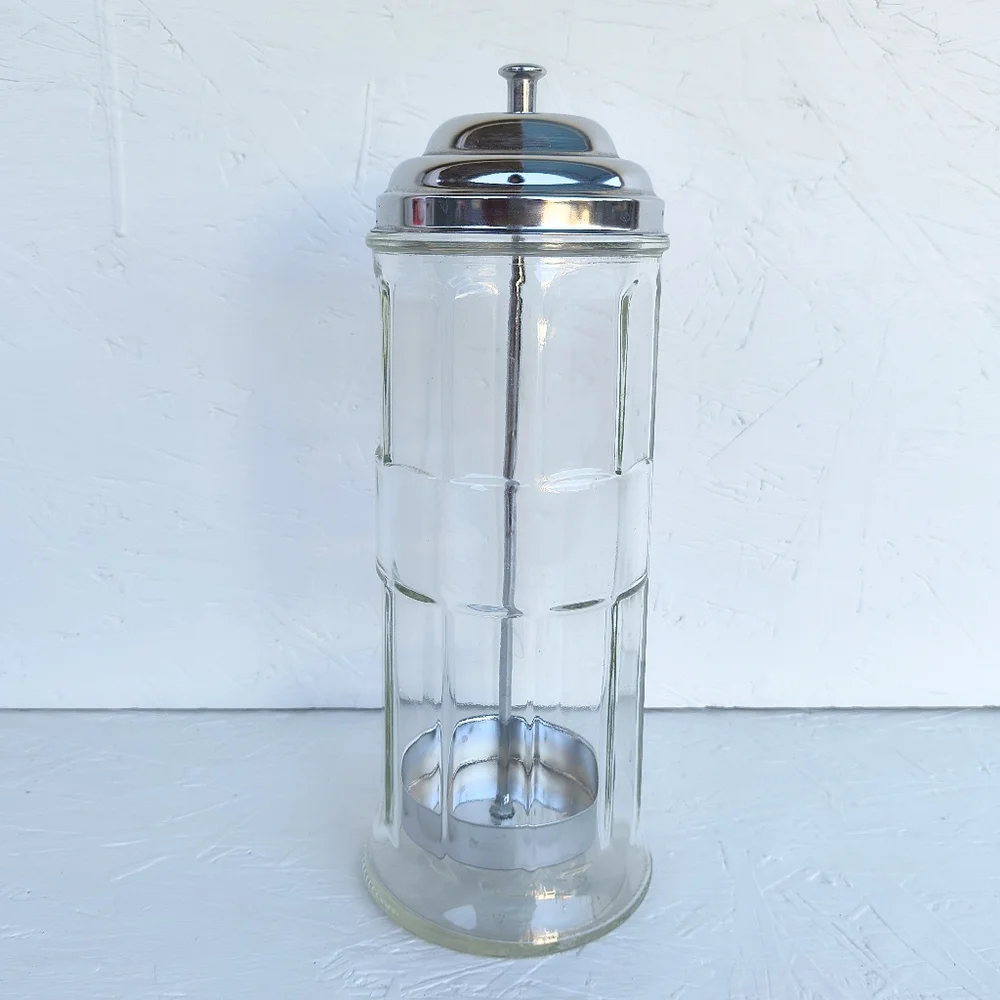 TABLE CRAFT | Vintage Glass Straw Dispenser Jar with Silver Lid & Handle